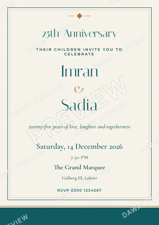 Teal and Copper Modern Minimal Anniversary Card template preview