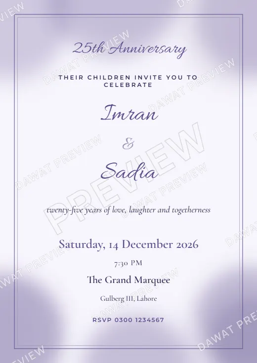 Lavender and Silver Watercolor Wash Anniversary Card template preview