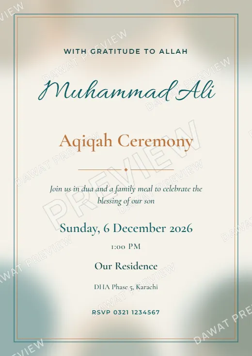 Teal and Copper Watercolor Wash Aqiqah Card template preview