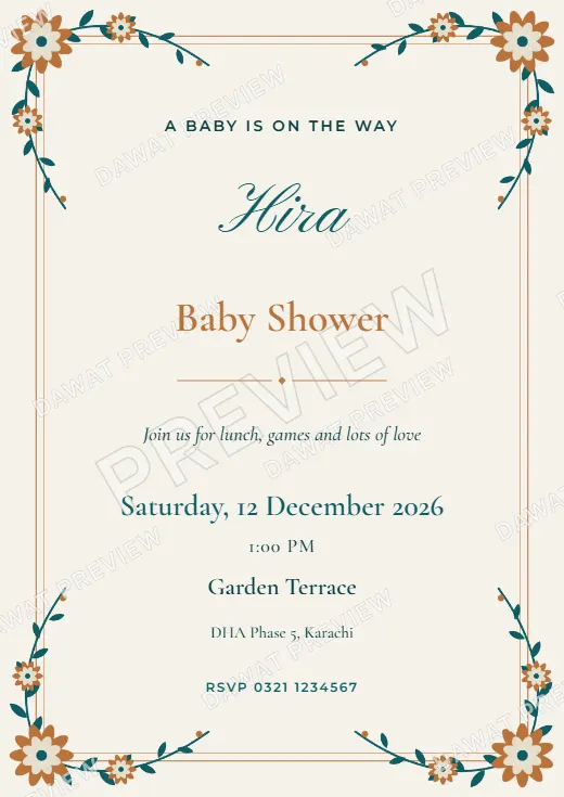 Teal and Copper Floral Garden Baby Shower Card template preview