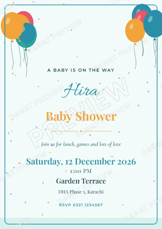 Sky and Mint Party Balloons Baby Shower Card template preview