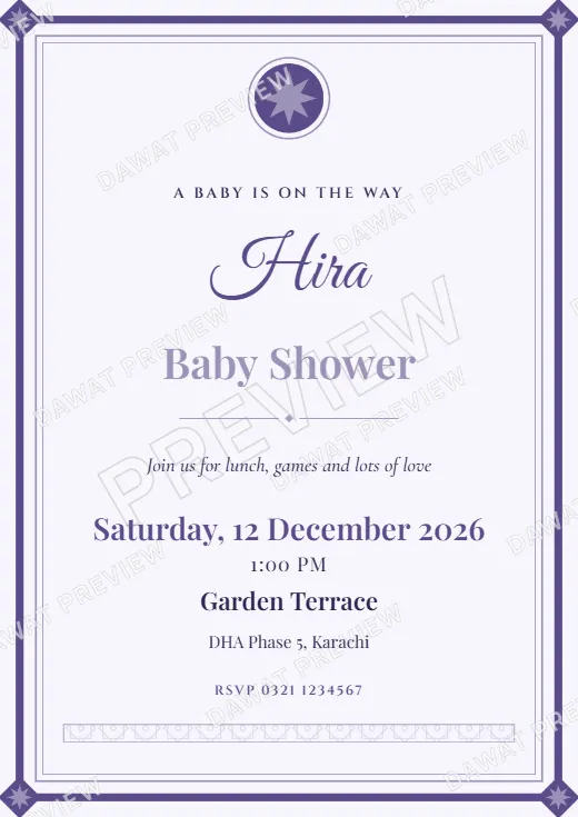 Lavender and Silver Royal Frame Baby Shower Card template preview