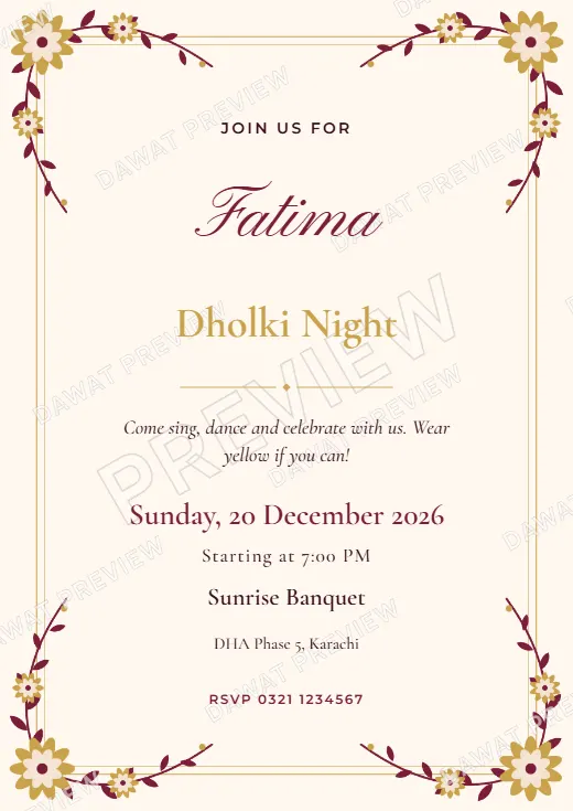 Burgundy and Gold Floral Garden Dholki and Mayoon Card template preview
