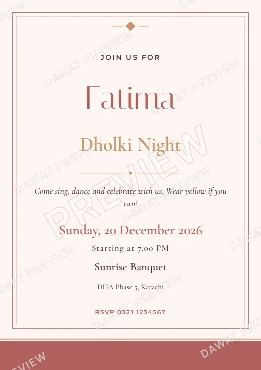 Blush and Rose Gold Modern Minimal Dholki and Mayoon Card template preview