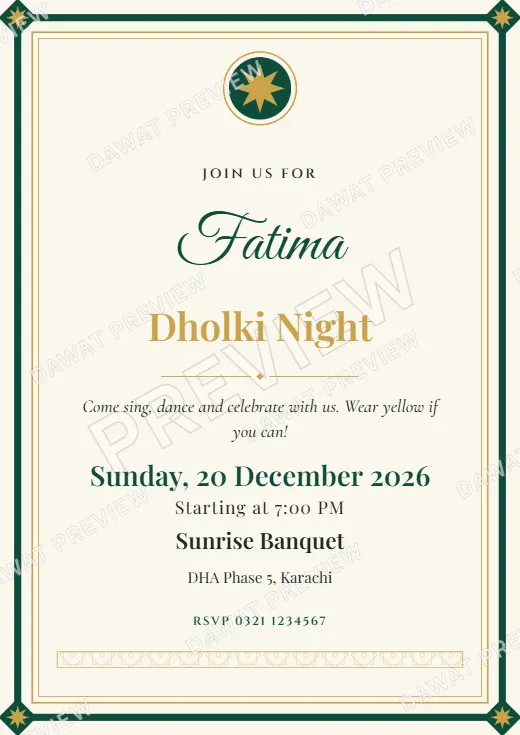 Emerald and Gold Royal Frame Dholki and Mayoon Card template preview