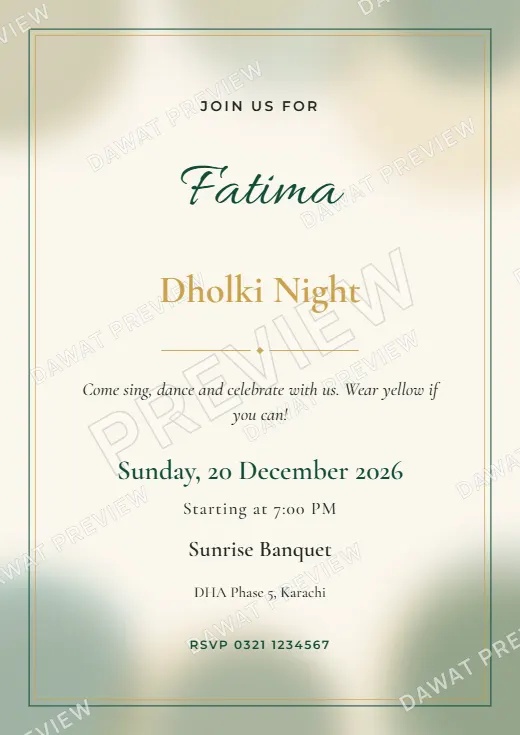 Emerald and Gold Watercolor Wash Dholki and Mayoon Card template preview