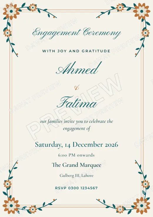 Teal and Copper Floral Garden Engagement Card template preview