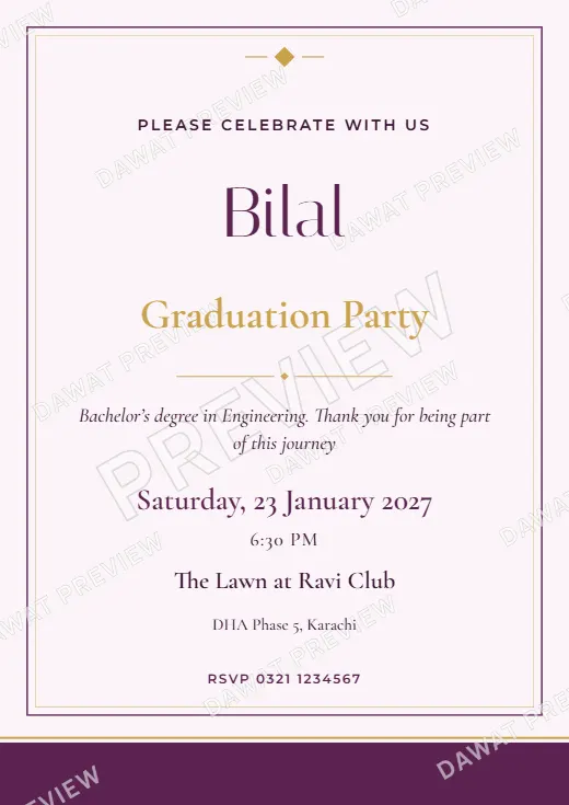 Plum and Gold Modern Minimal Graduation Party Card template preview