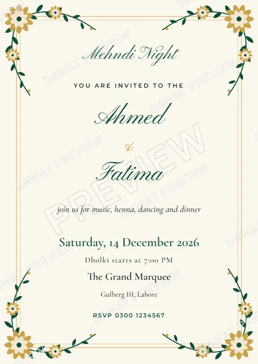 Emerald and Gold Floral Garden Mehndi Card template preview