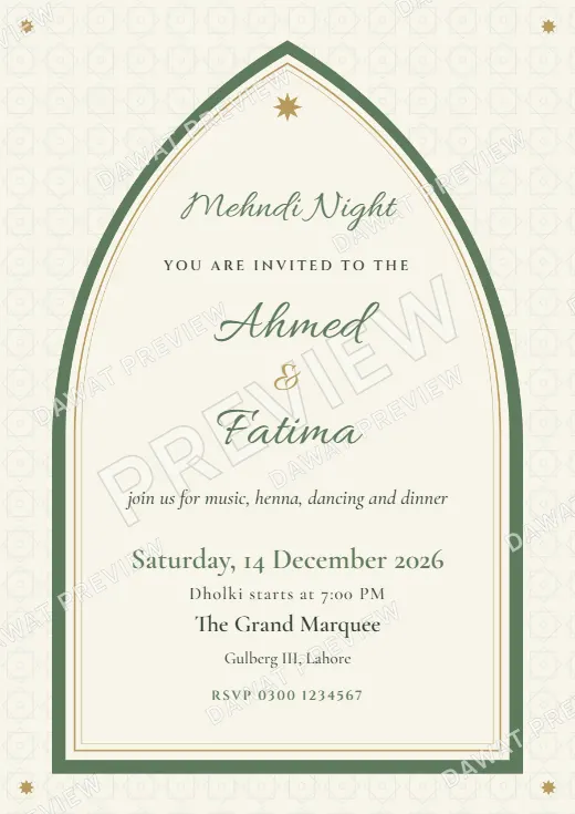 Sage and Cream Mughal Arch Mehndi Card template preview