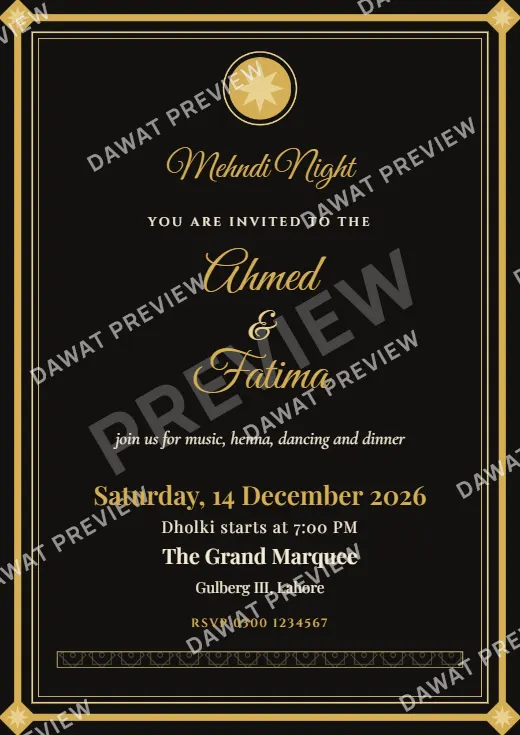 Black and Gold Royal Frame Mehndi Card template preview