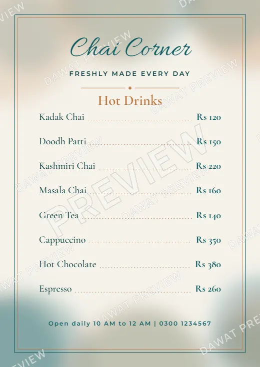 Teal and Copper Watercolor Wash Menu Card template preview