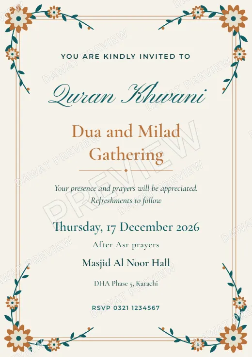Teal and Copper Floral Garden Milad and Quran Khwani Card template preview