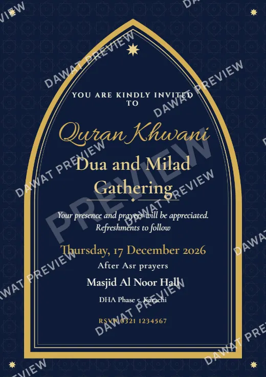 Midnight Blue Mughal Arch Milad and Quran Khwani Card template preview