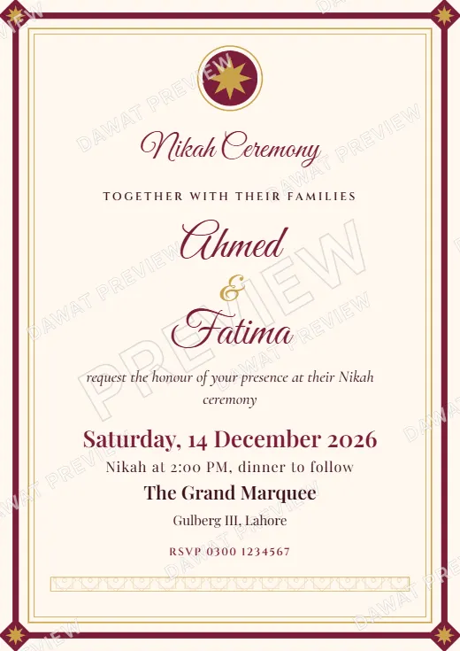 Burgundy and Gold Royal Frame Nikah Card template preview
