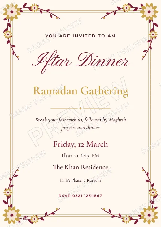 Burgundy and Gold Floral Garden Ramadan Iftar Invitation template preview