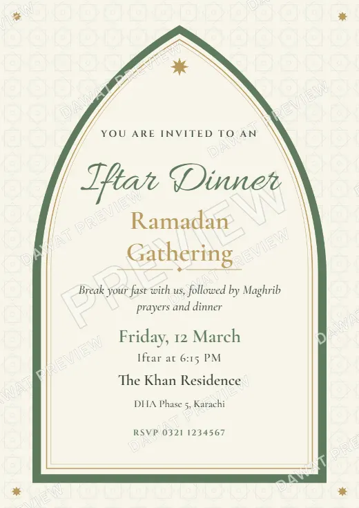Sage and Cream Mughal Arch Ramadan Iftar Invitation template preview