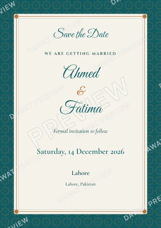 Teal and Copper Geometric Star Save the Date Card template preview